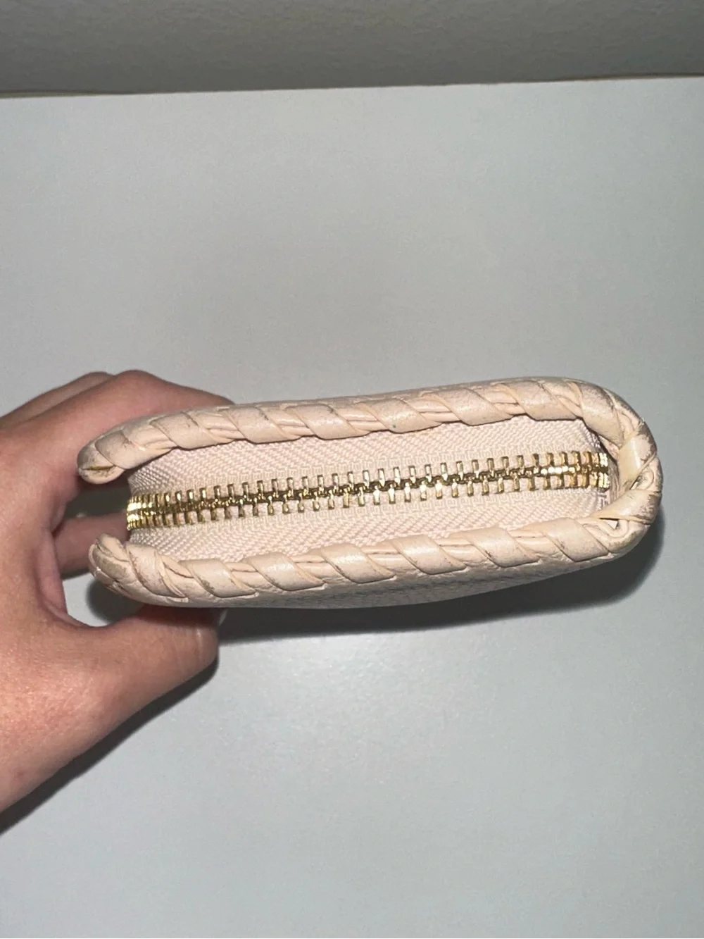 Tory Burch Blush Pebbled Leather Zip Wallet with Whipstitch Trim